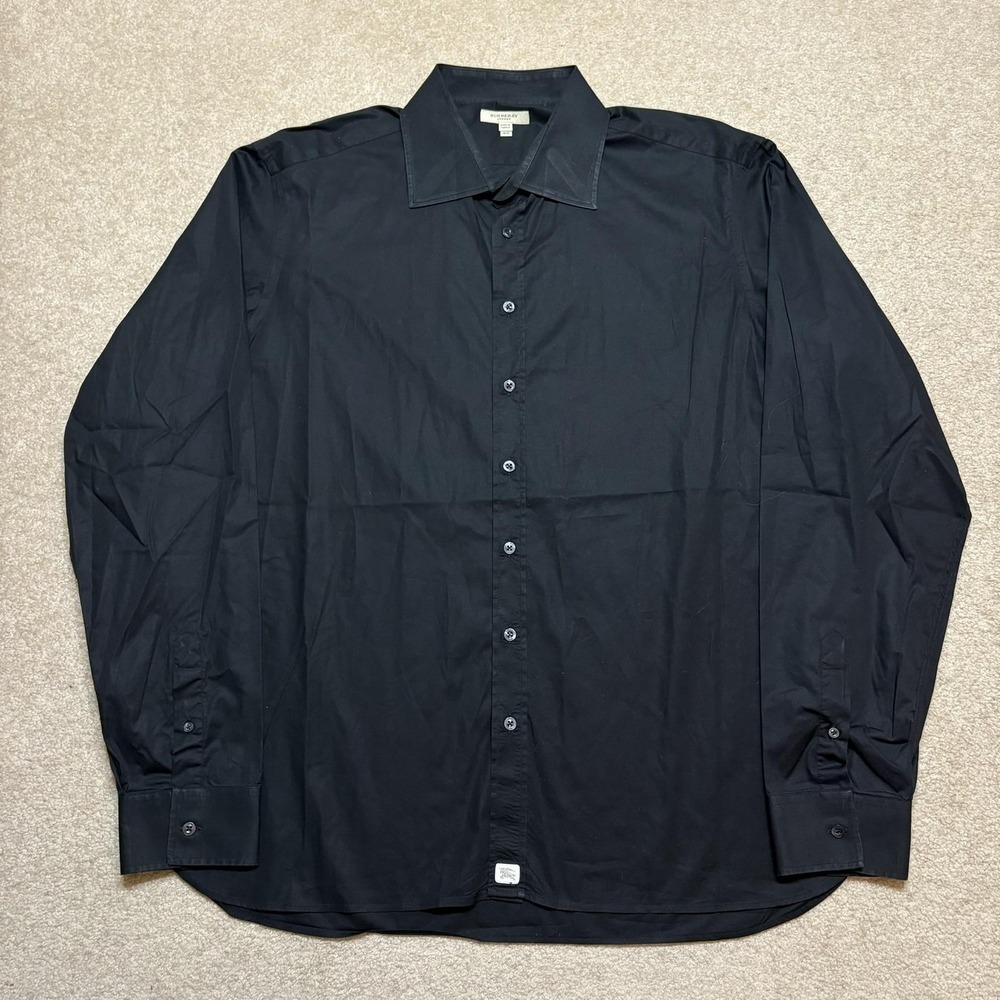Burberry Shirt Mens 18 XXL Black Stretch Dress Long Sleeve Button Front Logo